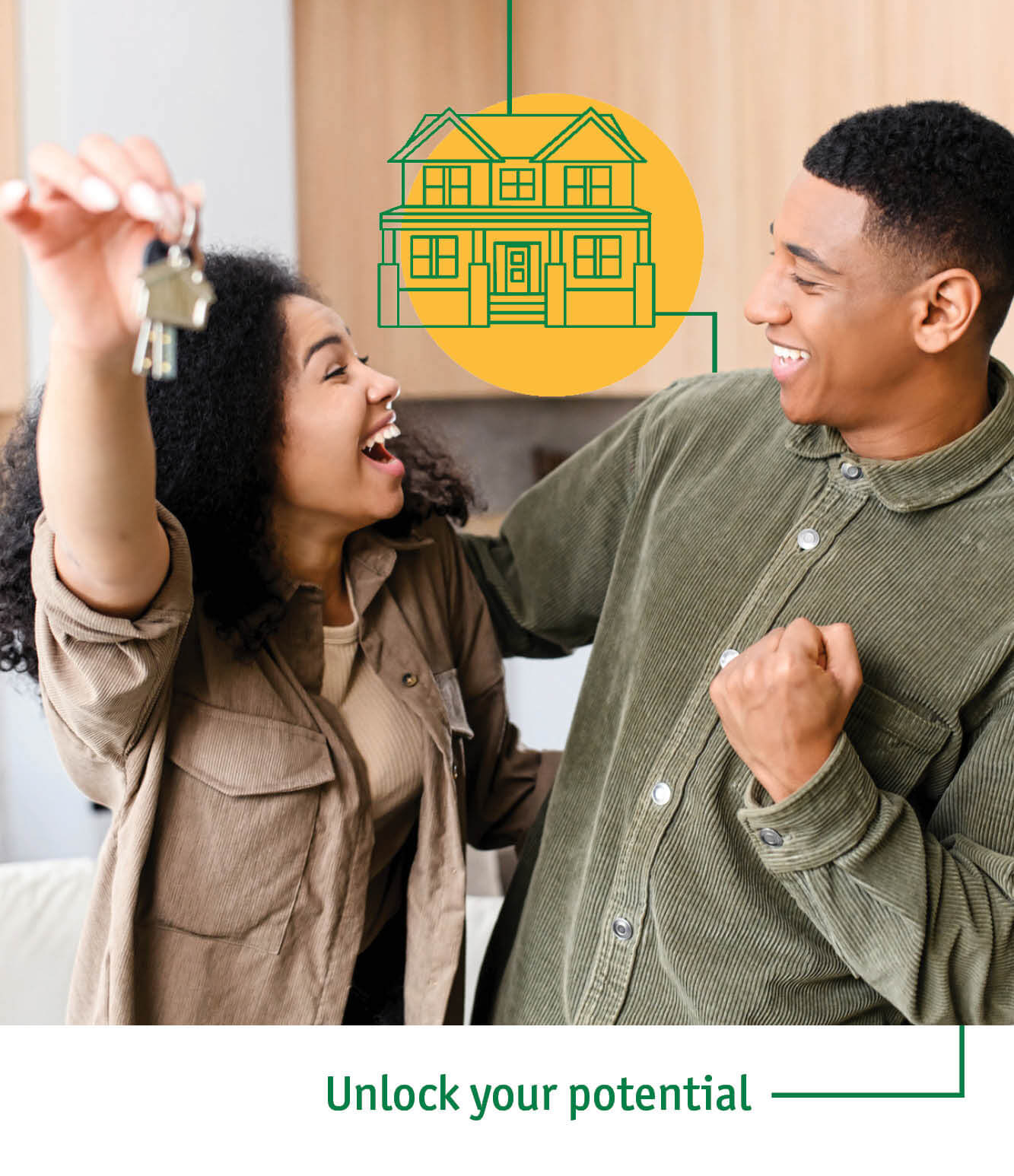 A couple holding keys standing in the kitchen of their new home.