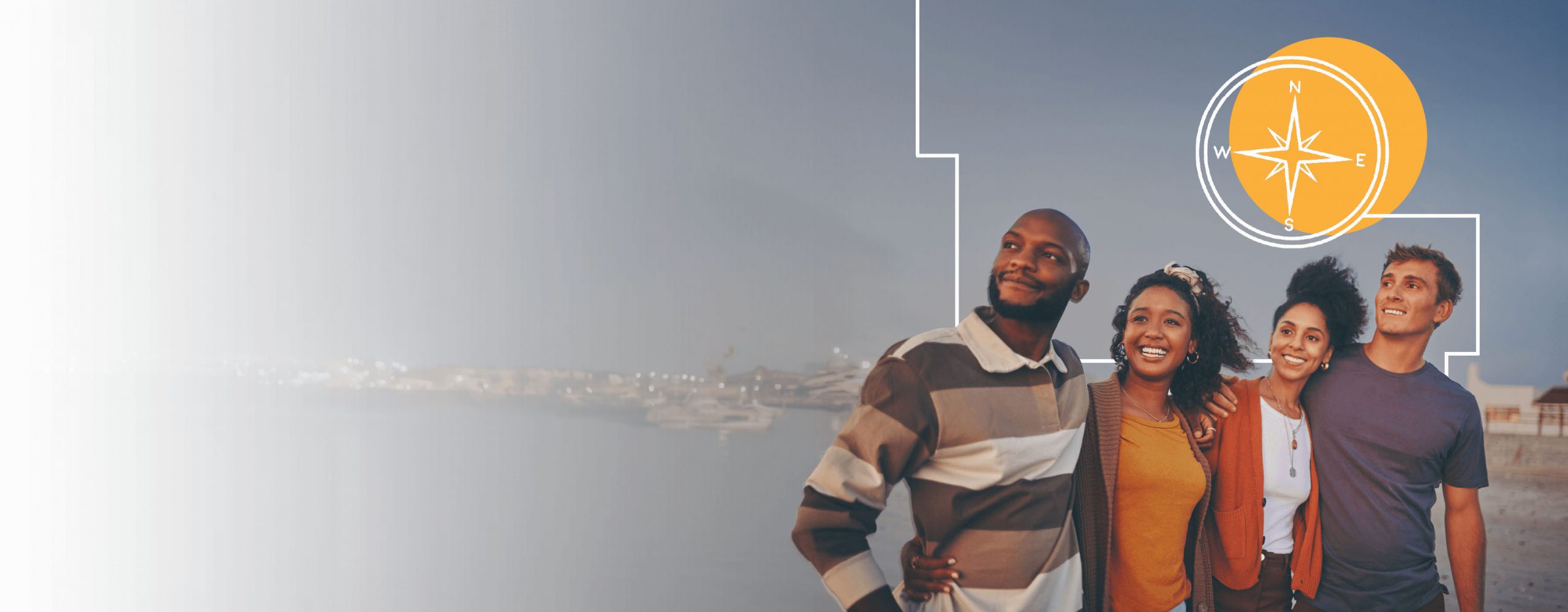 Four smiling people at the beach looking at the sun