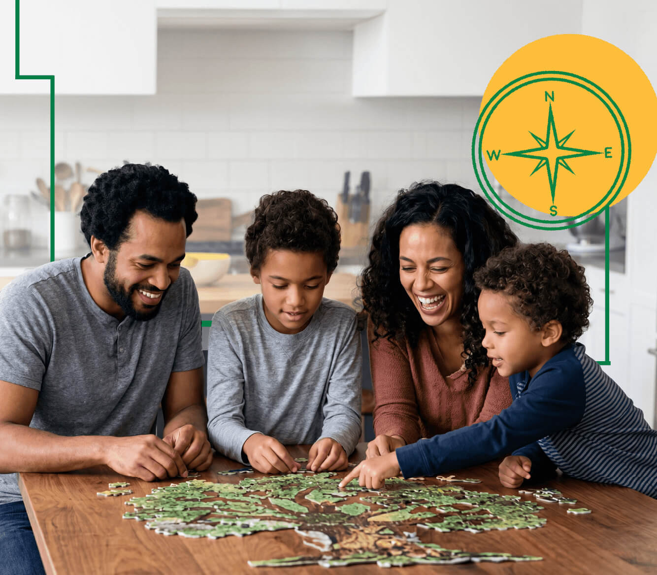 A family sitting around a table in the kitchen putting together a puzzle of tree.